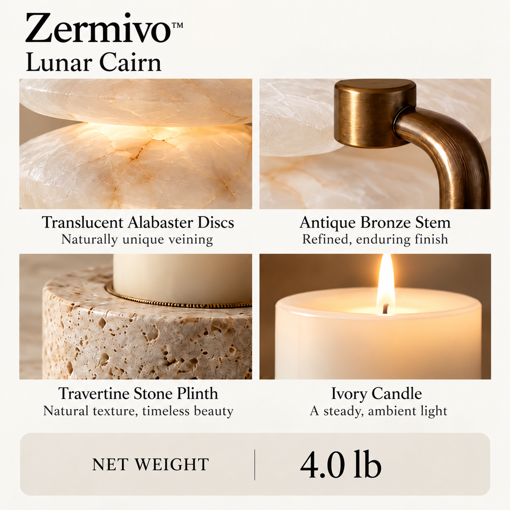 Zermivo™ Lunar Cairn – Layered Alabaster Candle Holder with Antique Bronze Stem and Travertine Stone Base