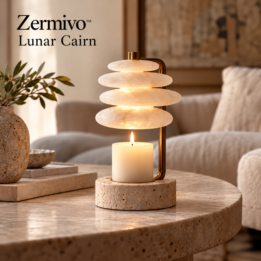 Zermivo™ Lunar Cairn – Layered Alabaster Candle Holder with Antique Bronze Stem and Travertine Stone Base