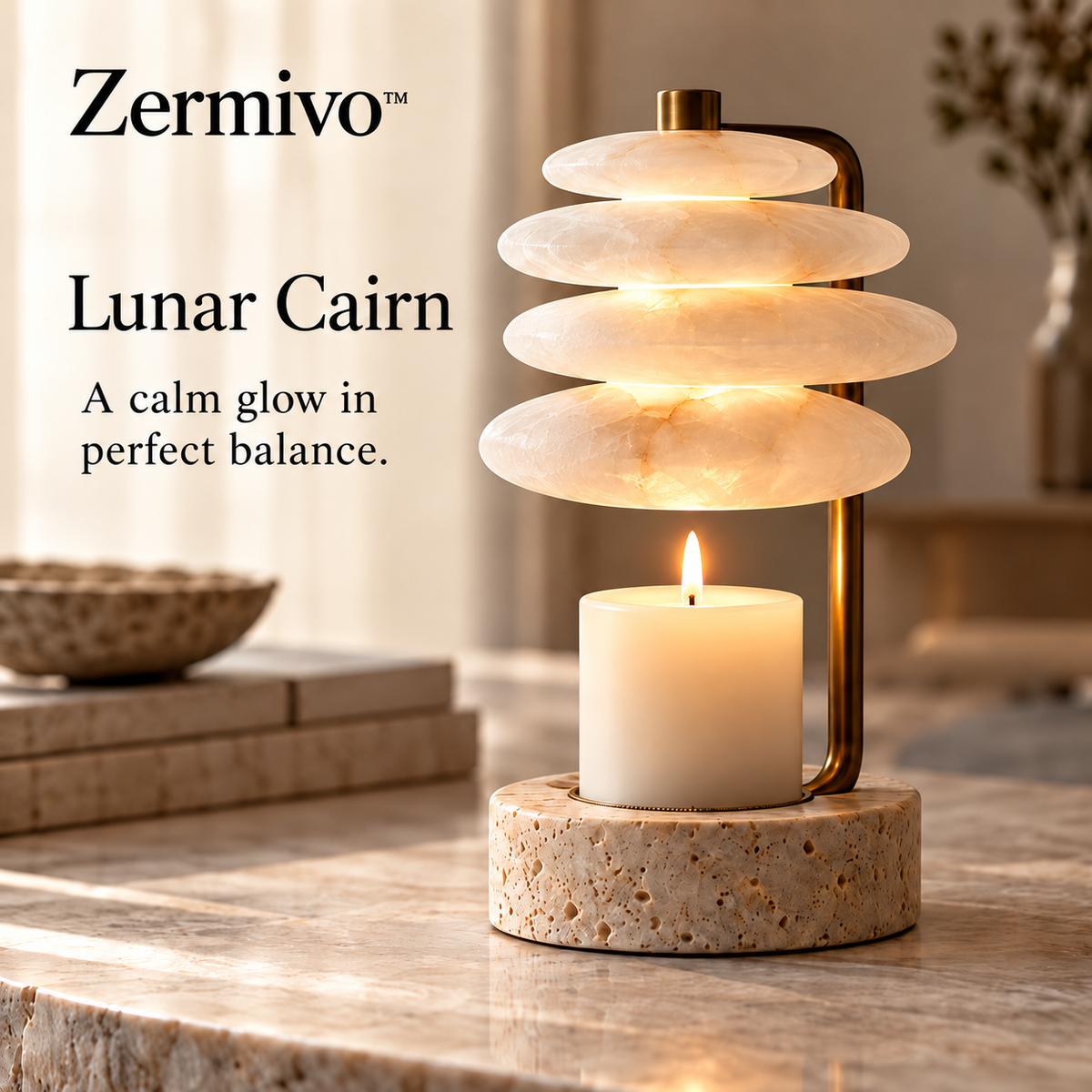 Zermivo™ Lunar Cairn – Layered Alabaster Candle Holder with Antique Bronze Stem and Travertine Stone Base