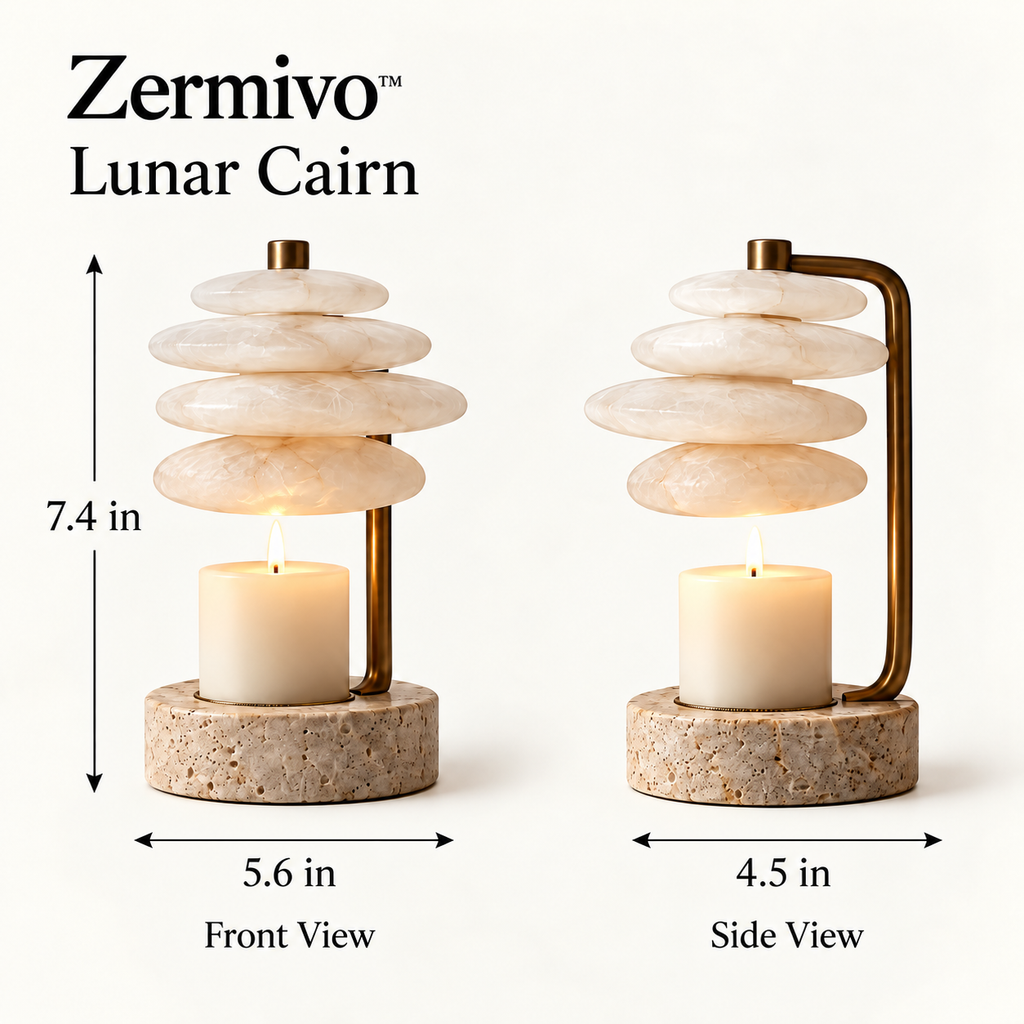 Zermivo™ Lunar Cairn – Layered Alabaster Candle Holder with Antique Bronze Stem and Travertine Stone Base
