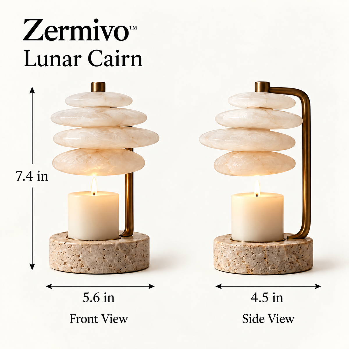 Zermivo™ Lunar Cairn – Layered Alabaster Candle Holder with Antique Bronze Stem and Travertine Stone Base