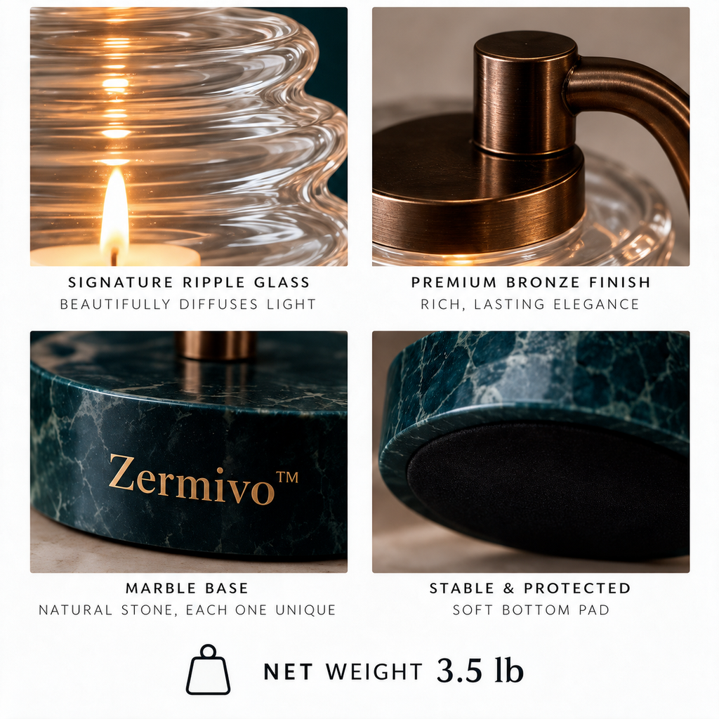 Zermivo™ Ripple Lantern – Sculptural Ribbed Glass Candle Holder with Bronze-Finish Frame and Green Marble Base