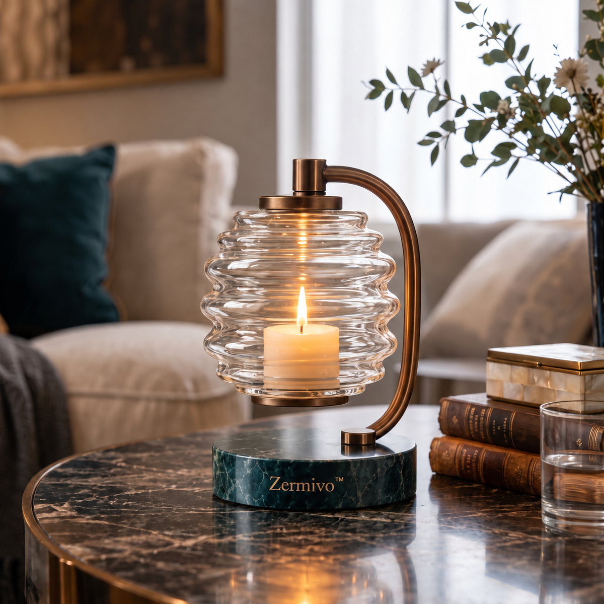 Zermivo™ Ripple Lantern – Sculptural Ribbed Glass Candle Holder with Bronze-Finish Frame and Green Marble Base