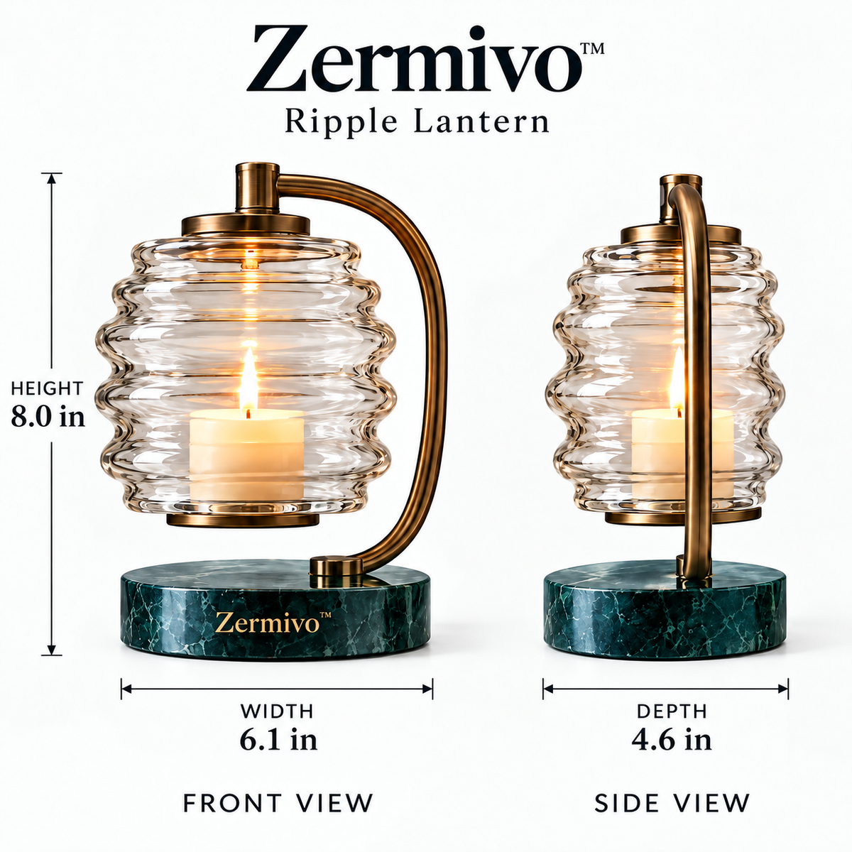 Zermivo™ Ripple Lantern – Sculptural Ribbed Glass Candle Holder with Bronze-Finish Frame and Green Marble Base