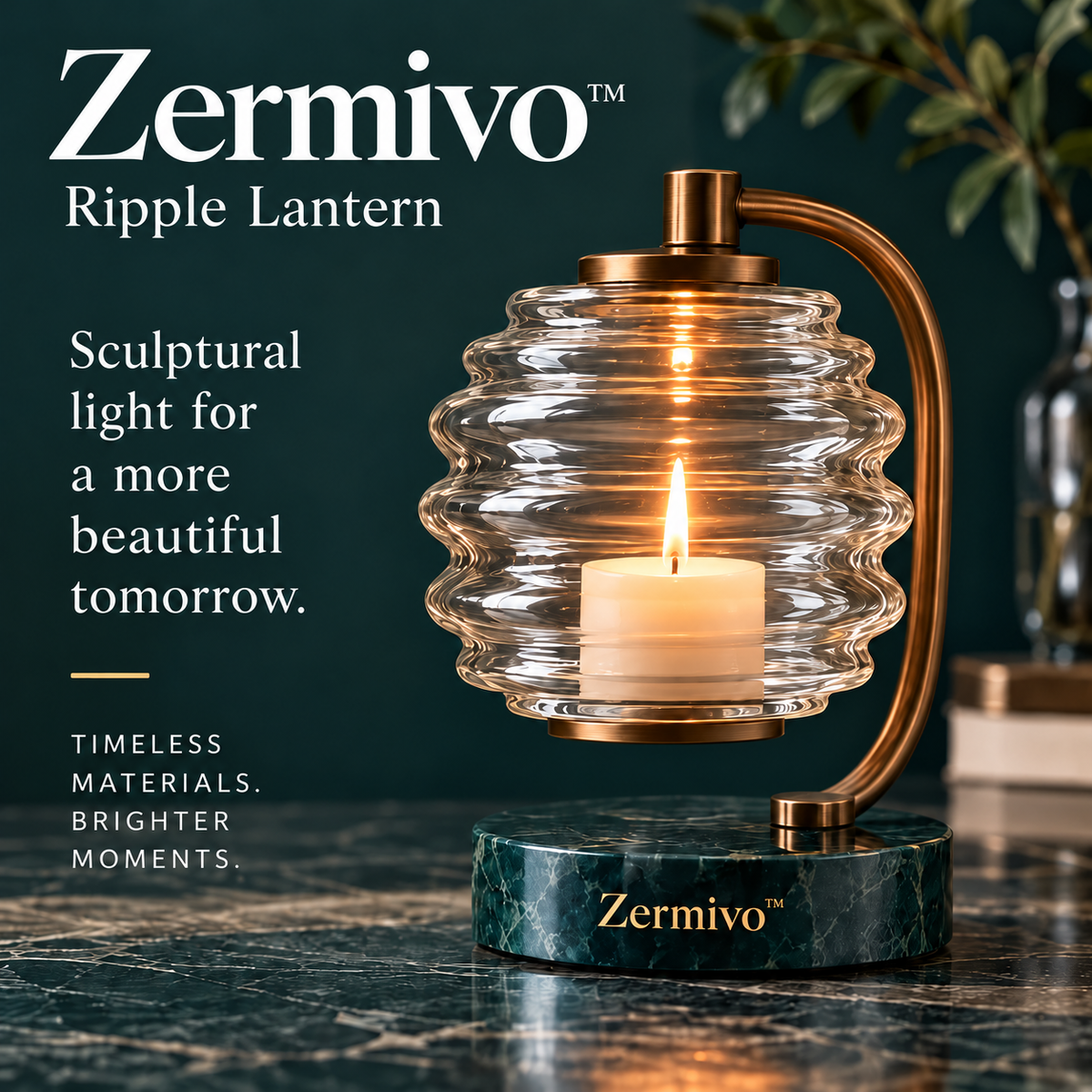 Zermivo™ Ripple Lantern – Sculptural Ribbed Glass Candle Holder with Bronze-Finish Frame and Green Marble Base