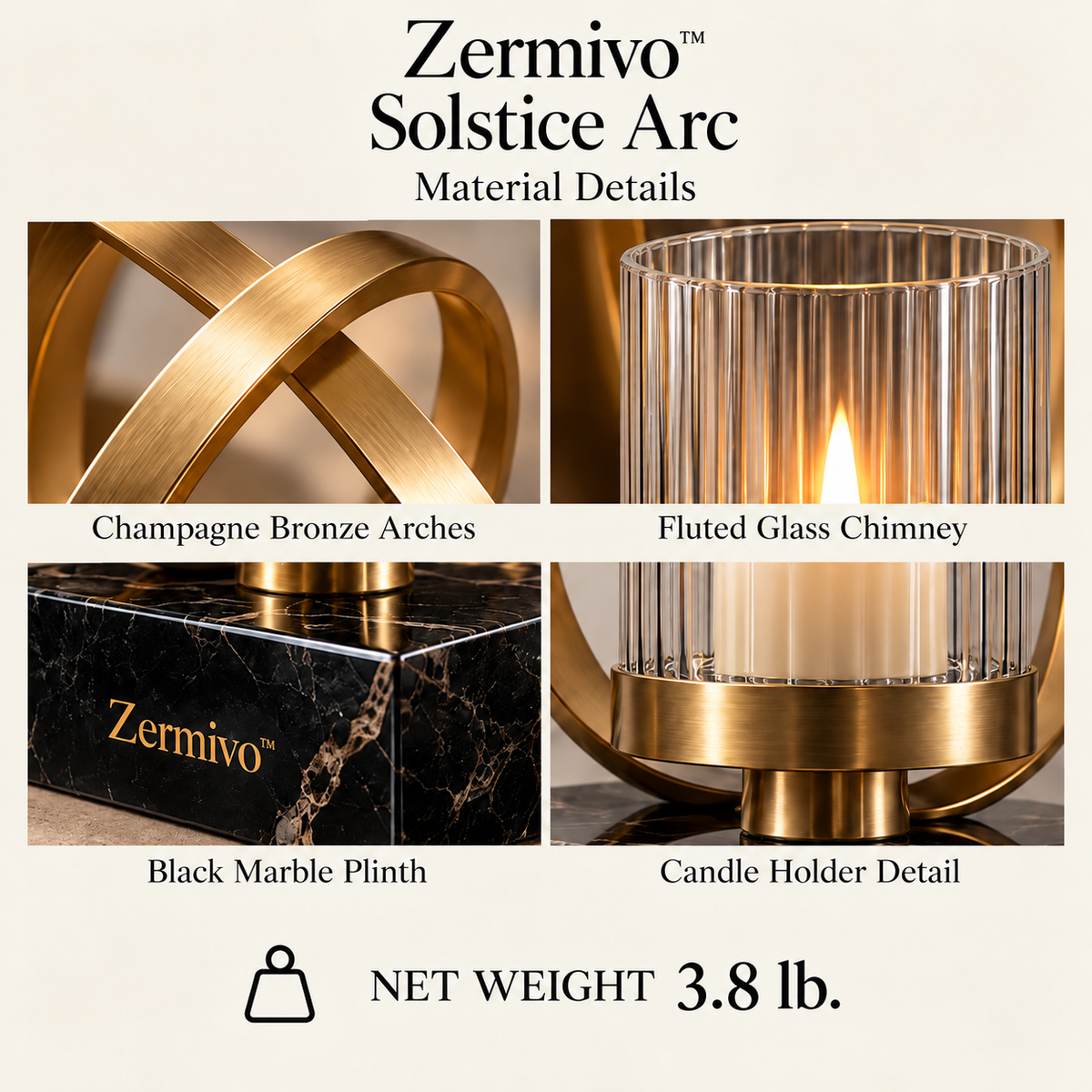 Zermivo™ Solstice Arc – Sculptural Champagne Bronze Candle Holder with Fluted Glass Chimney and Black Marble Plinth
