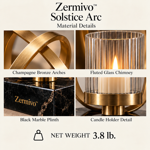 Zermivo™ Solstice Arc – Sculptural Champagne Bronze Candle Holder with Fluted Glass Chimney and Black Marble Plinth