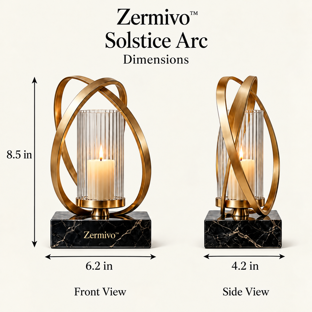 Zermivo™ Solstice Arc – Sculptural Champagne Bronze Candle Holder with Fluted Glass Chimney and Black Marble Plinth