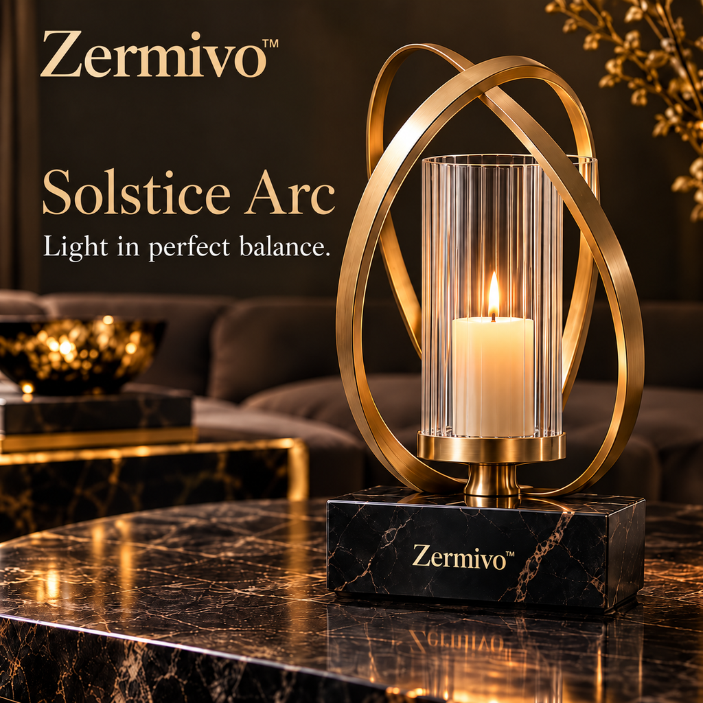 Zermivo™ Solstice Arc – Sculptural Champagne Bronze Candle Holder with Fluted Glass Chimney and Black Marble Plinth