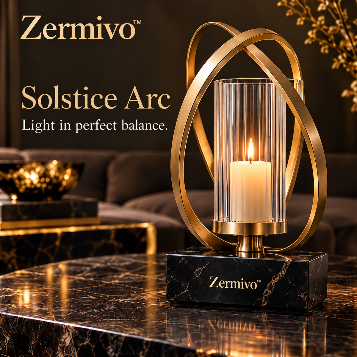 Zermivo™ Solstice Arc – Sculptural Champagne Bronze Candle Holder with Fluted Glass Chimney and Black Marble Plinth