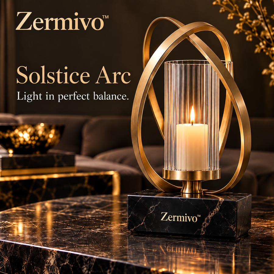 Zermivo™ Solstice Arc – Sculptural Champagne Bronze Candle Holder with Fluted Glass Chimney and Black Marble Plinth