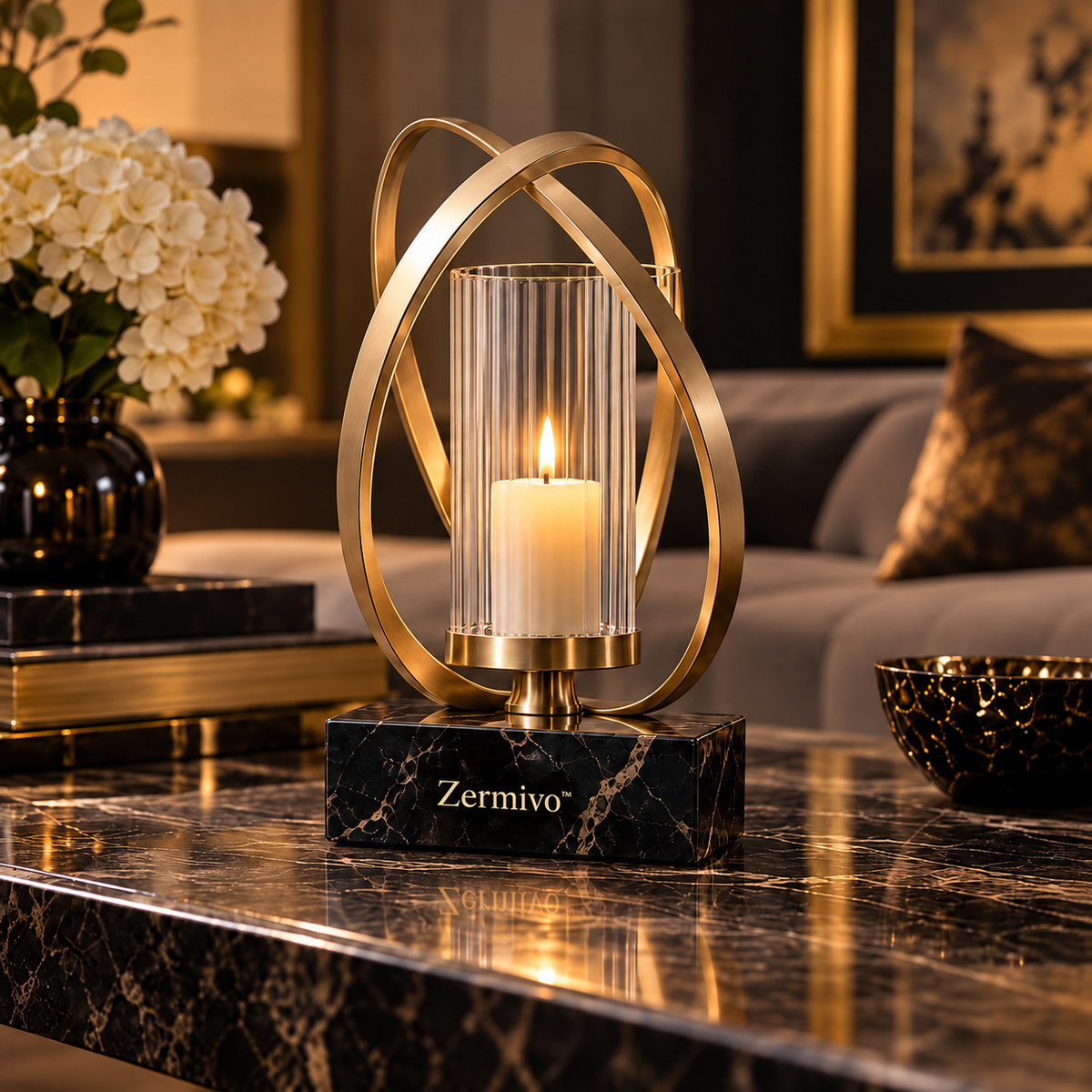 Zermivo™ Solstice Arc – Sculptural Champagne Bronze Candle Holder with Fluted Glass Chimney and Black Marble Plinth