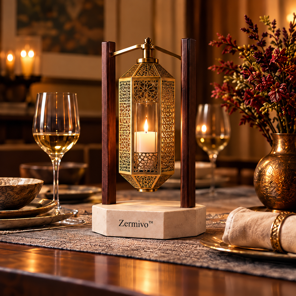 Zermivo™ Saffron Lantern – Pierced Brass Lattice Candle Holder with Walnut Frame and Limestone Base