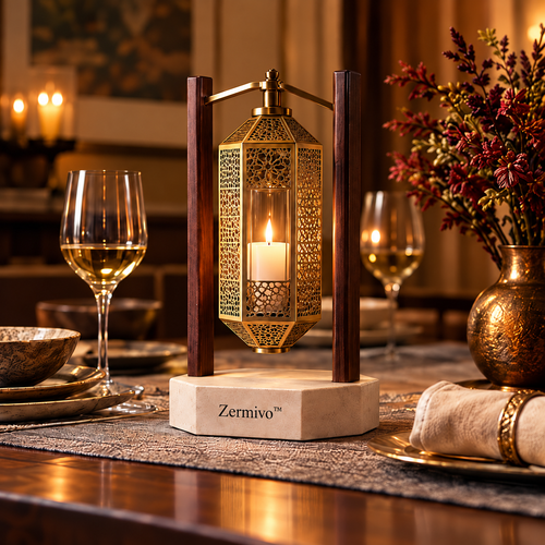 Zermivo™ Saffron Lantern – Pierced Brass Lattice Candle Holder with Walnut Frame and Limestone Base