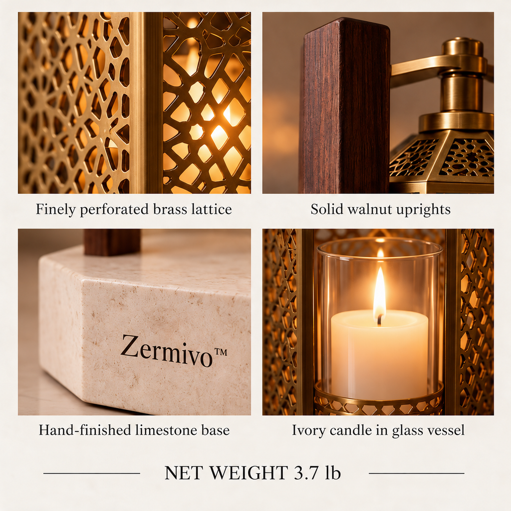 Zermivo™ Saffron Lantern – Pierced Brass Lattice Candle Holder with Walnut Frame and Limestone Base