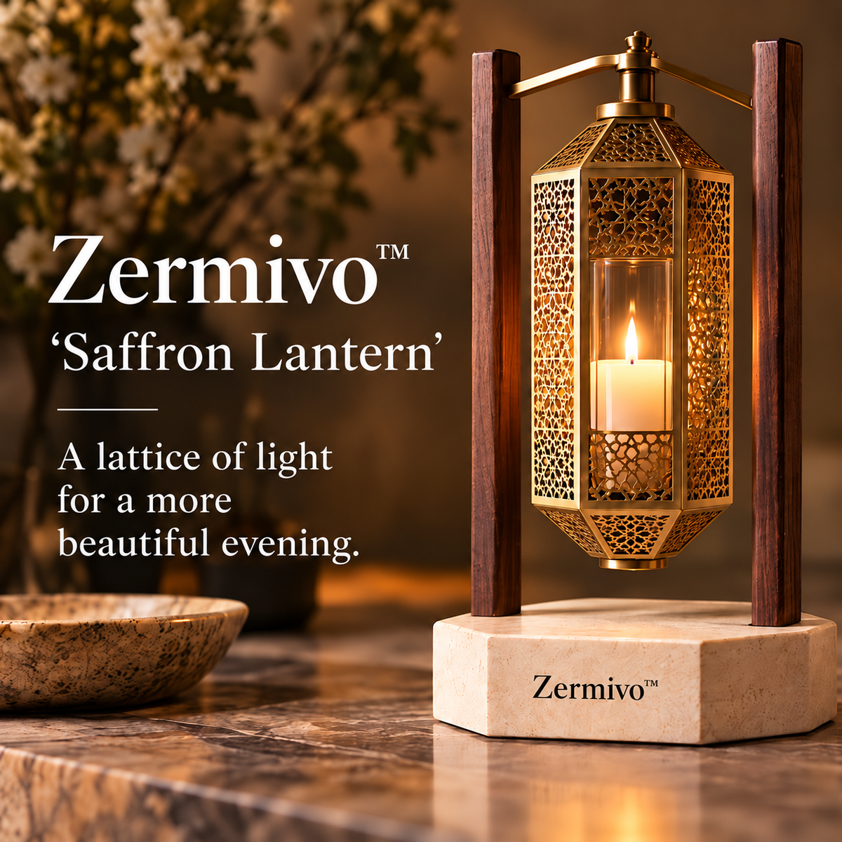 Zermivo™ Saffron Lantern – Pierced Brass Lattice Candle Holder with Walnut Frame and Limestone Base