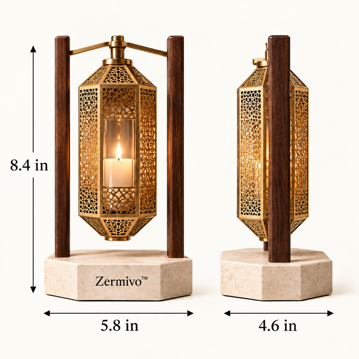 Zermivo™ Saffron Lantern – Pierced Brass Lattice Candle Holder with Walnut Frame and Limestone Base