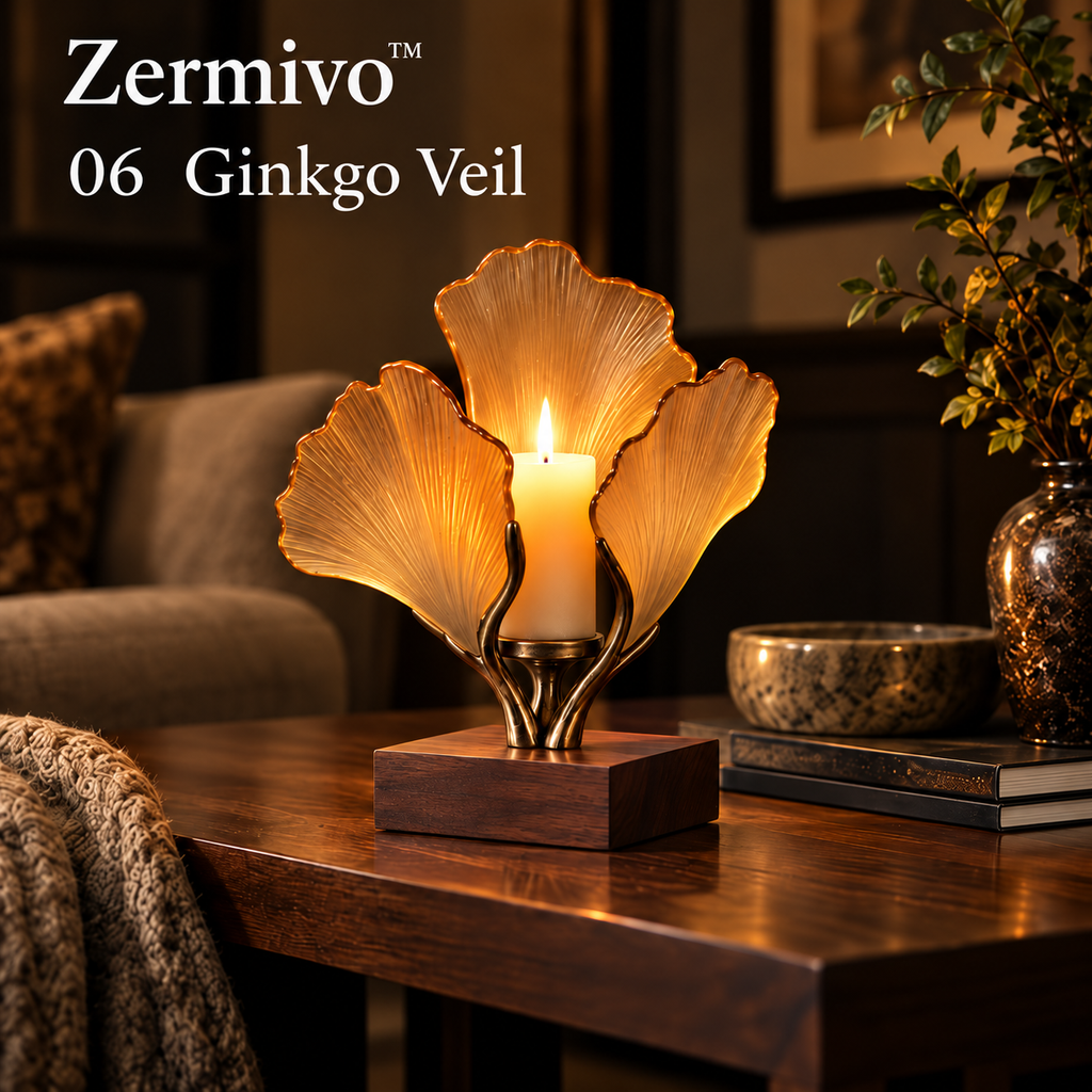 Zermivo™ Ginkgo Veil – Sculptural Amber Glass Candle Holder with Antique Bronze Branching Stem and Dark Walnut Base