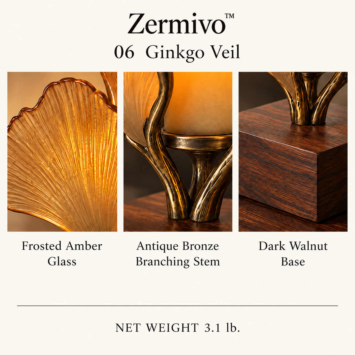 Zermivo™ Ginkgo Veil – Sculptural Amber Glass Candle Holder with Antique Bronze Branching Stem and Dark Walnut Base