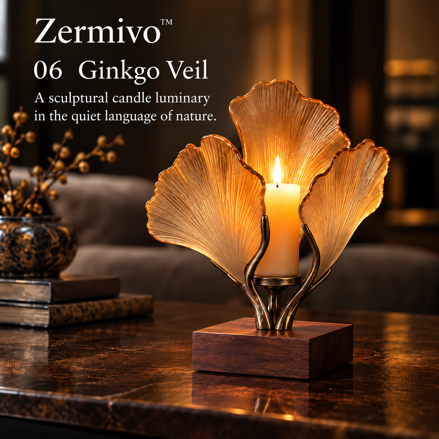 Zermivo™ Ginkgo Veil – Sculptural Amber Glass Candle Holder with Antique Bronze Branching Stem and Dark Walnut Base