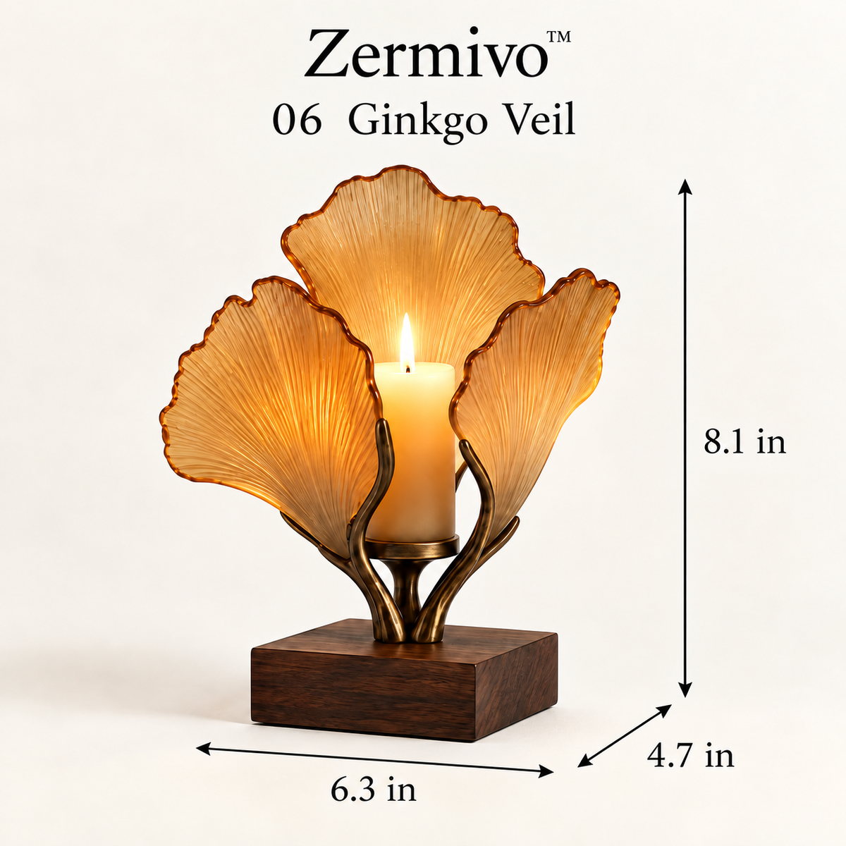 Zermivo™ Ginkgo Veil – Sculptural Amber Glass Candle Holder with Antique Bronze Branching Stem and Dark Walnut Base