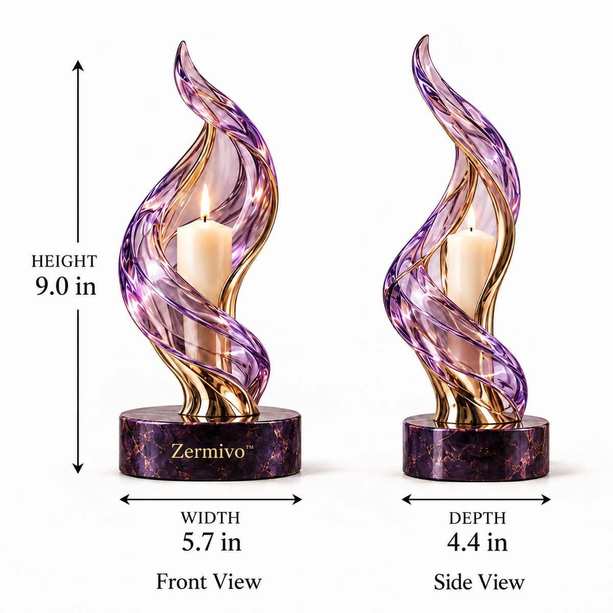 Zermivo™ Aurora Spire – Sculptural Violet Glass Candle Holder with Champagne Metal Stem and Amethyst Marble Base