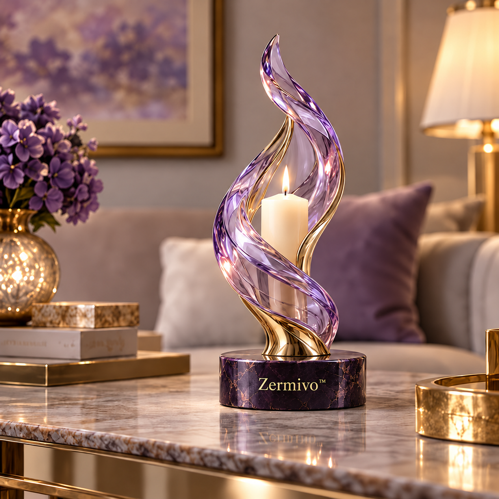 Zermivo™ Aurora Spire – Sculptural Violet Glass Candle Holder with Champagne Metal Stem and Amethyst Marble Base