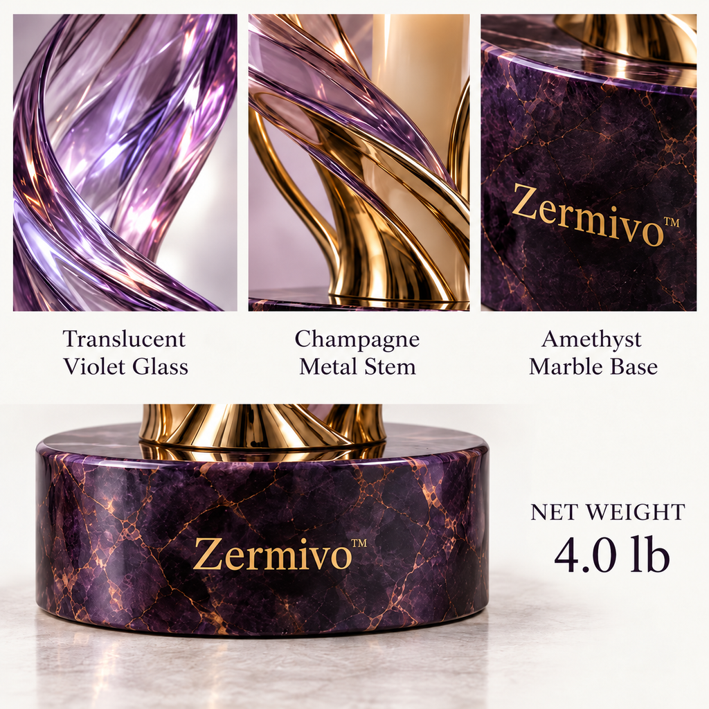 Zermivo™ Aurora Spire – Sculptural Violet Glass Candle Holder with Champagne Metal Stem and Amethyst Marble Base