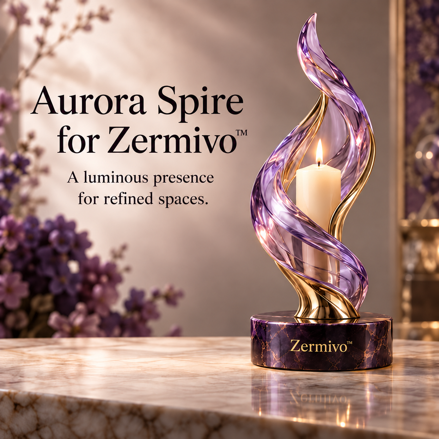 Zermivo™ Aurora Spire – Sculptural Violet Glass Candle Holder with Champagne Metal Stem and Amethyst Marble Base