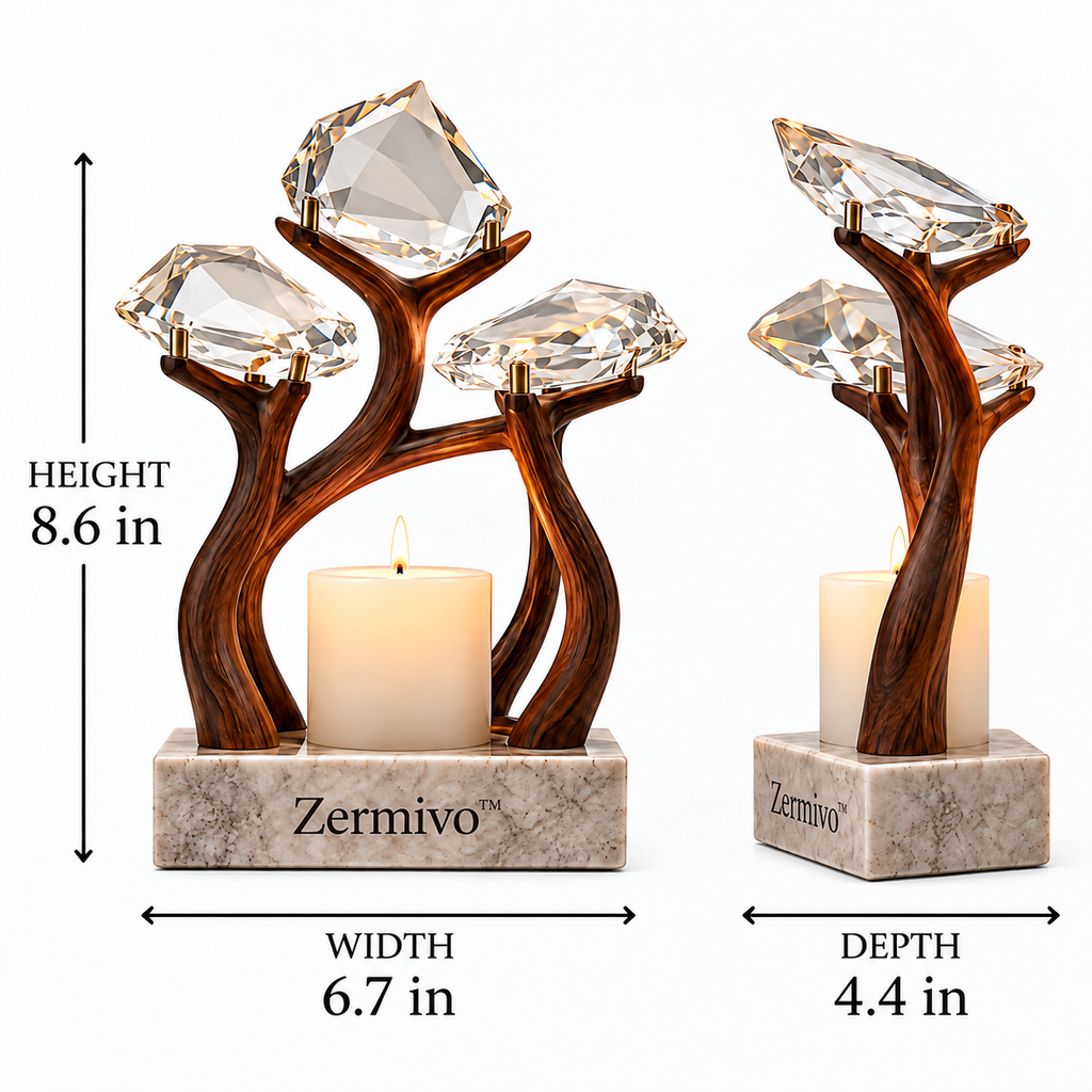 Zermivo™ Crystal Canopy – Faceted Crystal and Walnut Candle Holder with Marble Base