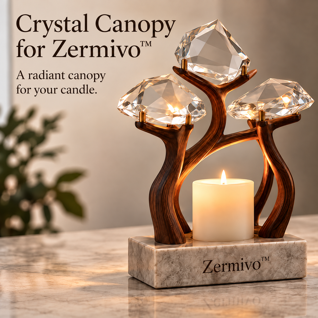 Zermivo™ Crystal Canopy – Faceted Crystal and Walnut Candle Holder with Marble Base