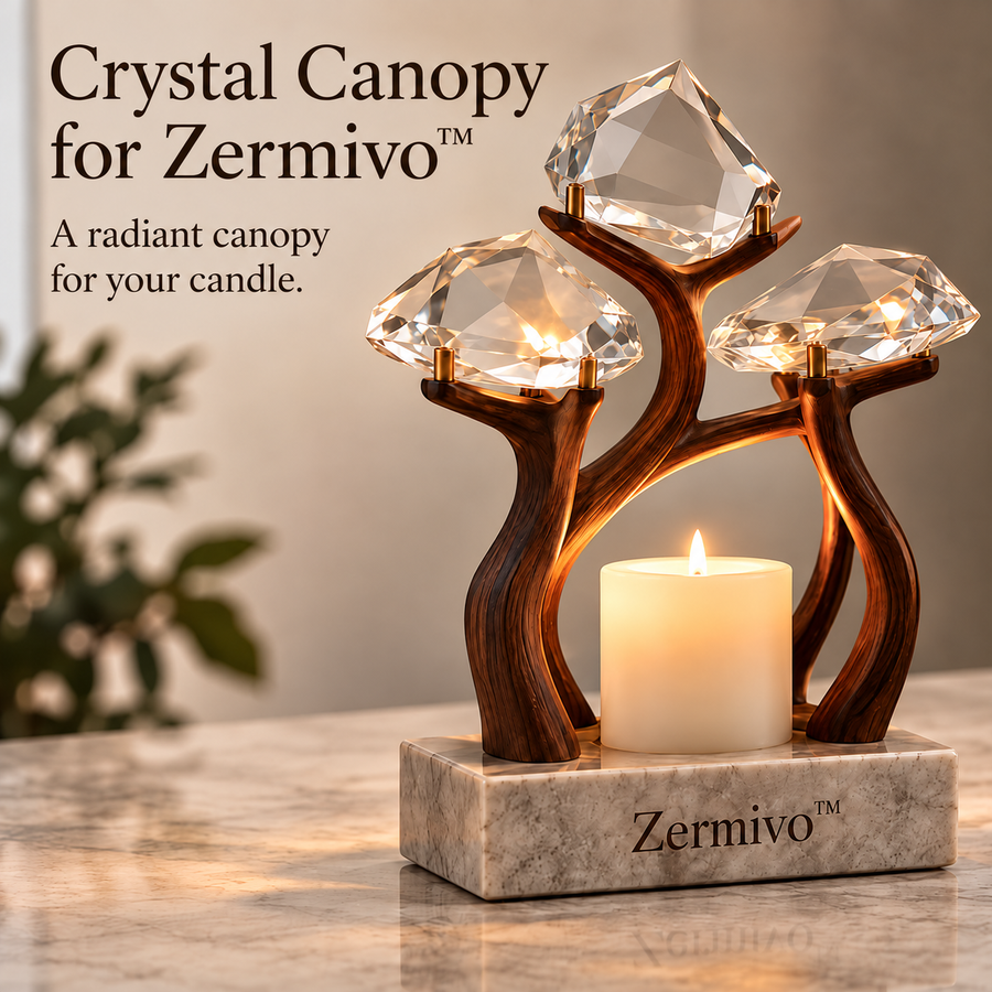 Zermivo™ Crystal Canopy – Faceted Crystal and Walnut Candle Holder with Marble Base