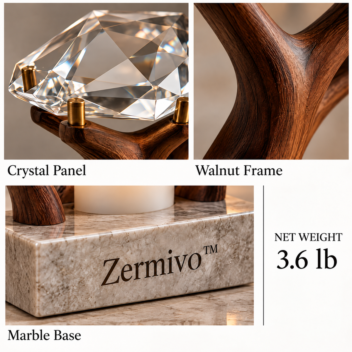 Zermivo™ Crystal Canopy – Faceted Crystal and Walnut Candle Holder with Marble Base