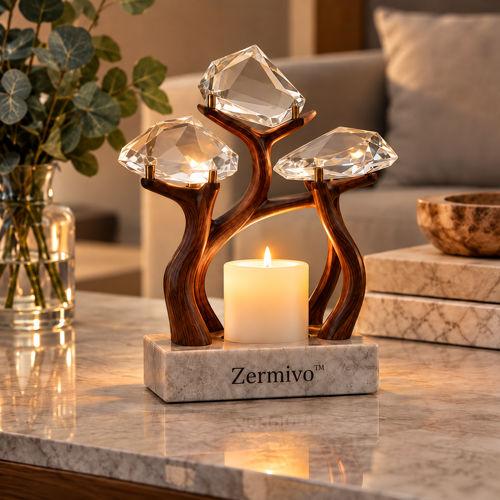 Zermivo™ Crystal Canopy – Faceted Crystal and Walnut Candle Holder with Marble Base