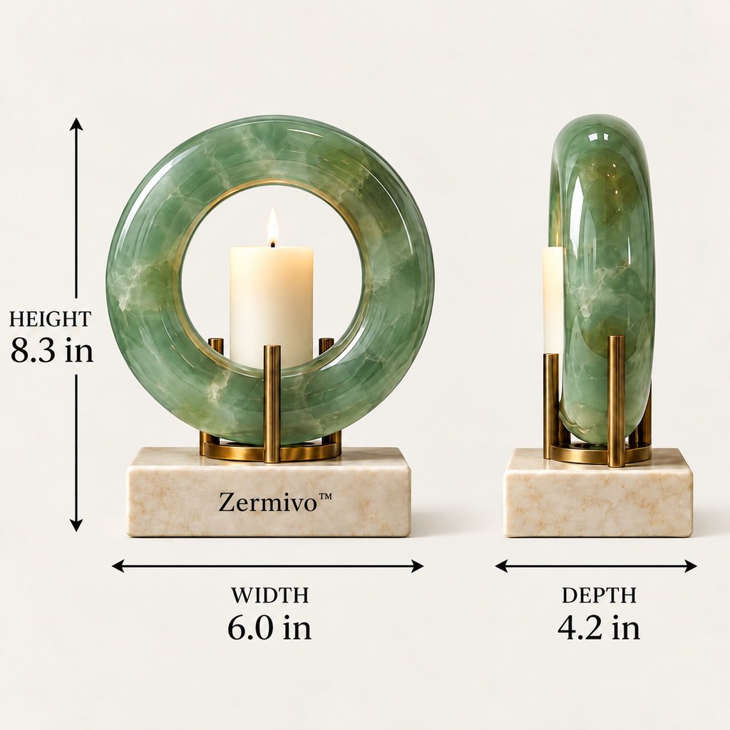 Zermivo™ Celadon Orbit – Sculptural Jade Glass Candle Holder with Antique Brass and Cream Stone Base