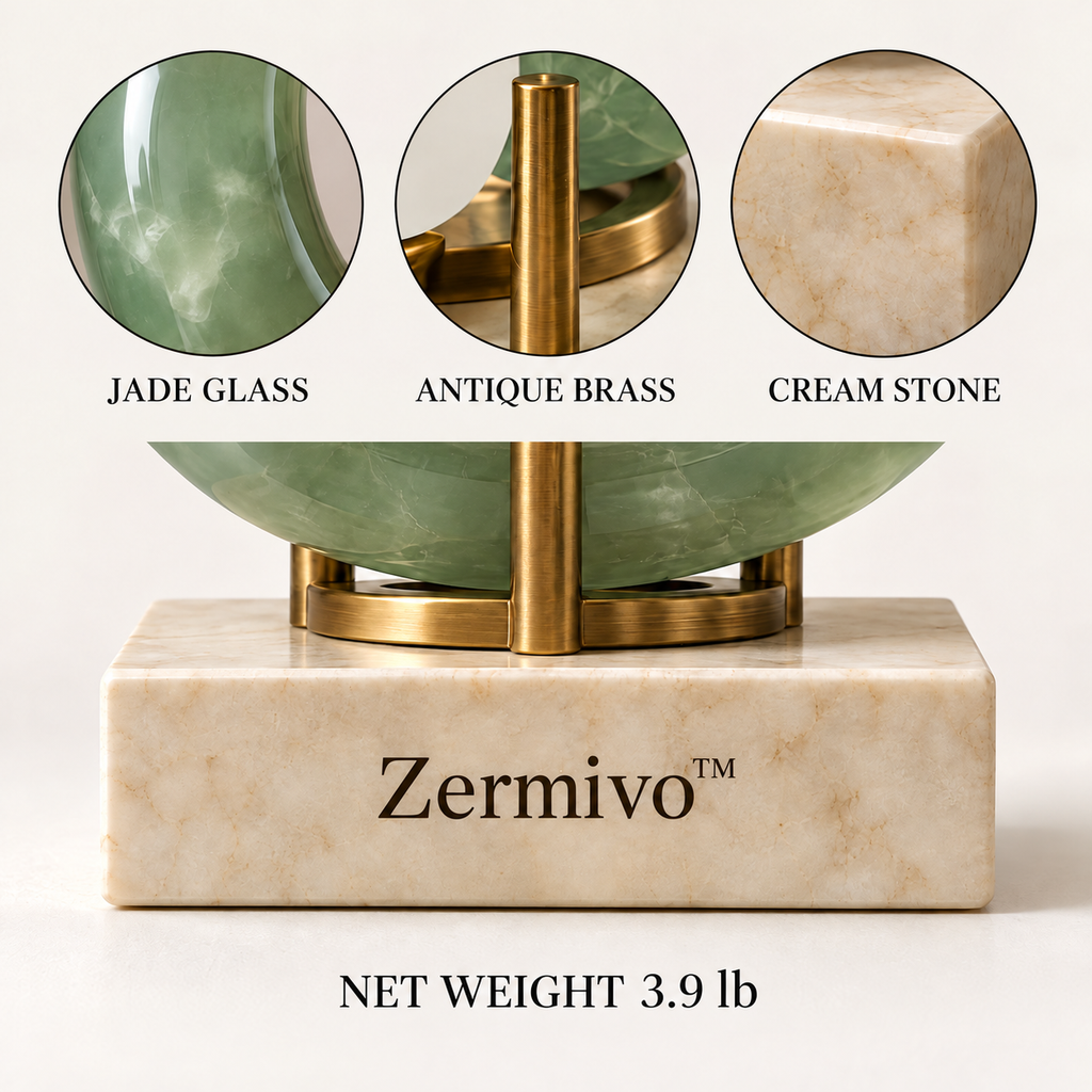 Zermivo™ Celadon Orbit – Sculptural Jade Glass Candle Holder with Antique Brass and Cream Stone Base