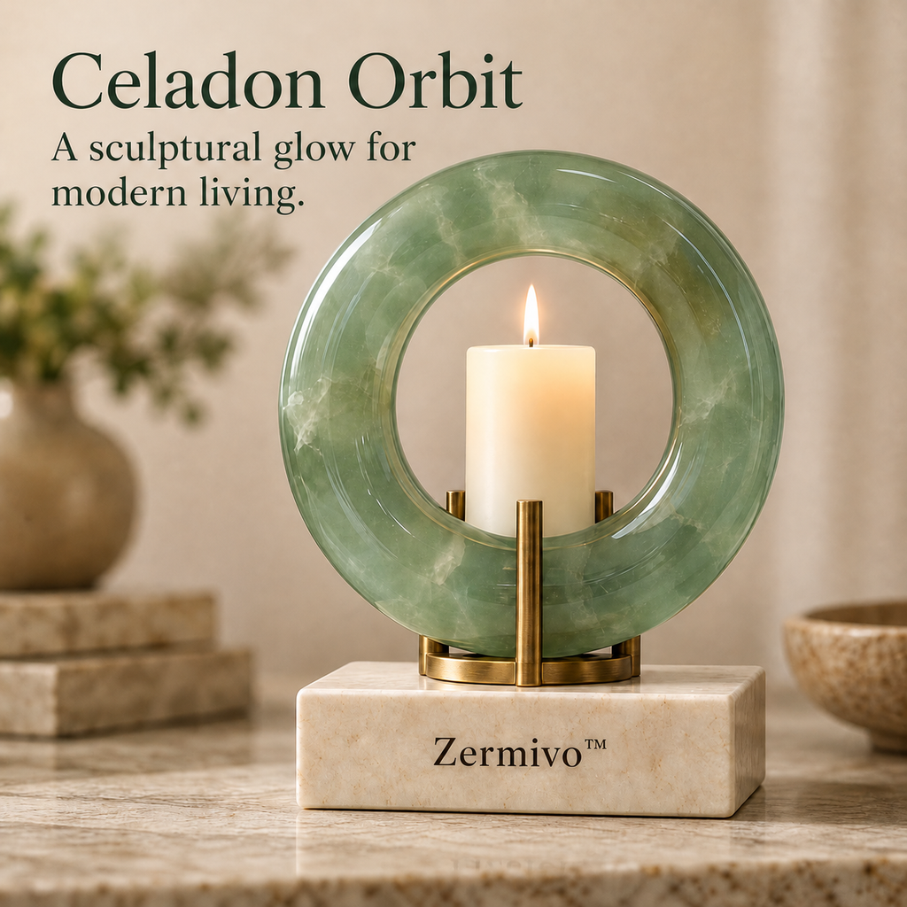 Zermivo™ Celadon Orbit – Sculptural Jade Glass Candle Holder with Antique Brass and Cream Stone Base