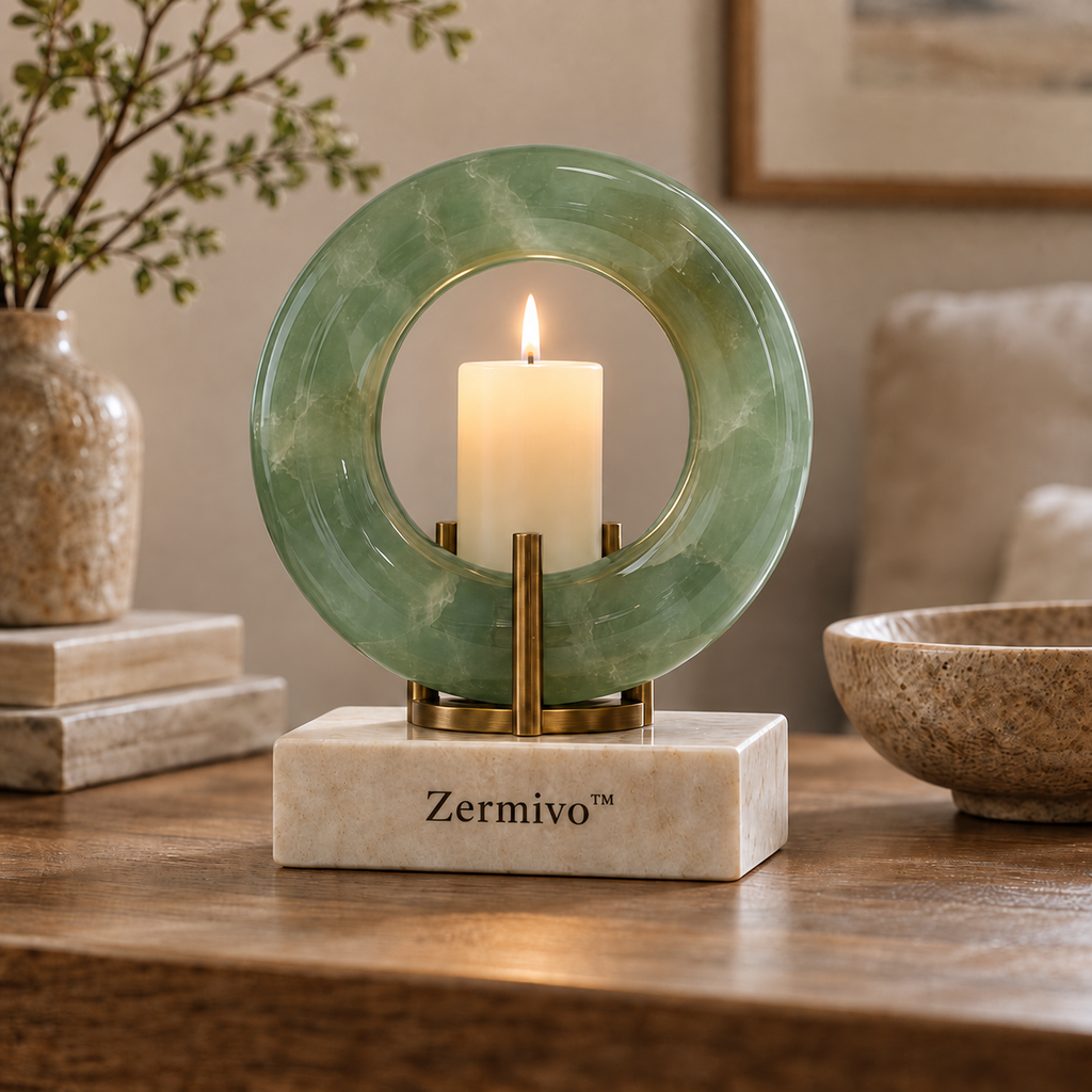Zermivo™ Celadon Orbit – Sculptural Jade Glass Candle Holder with Antique Brass and Cream Stone Base