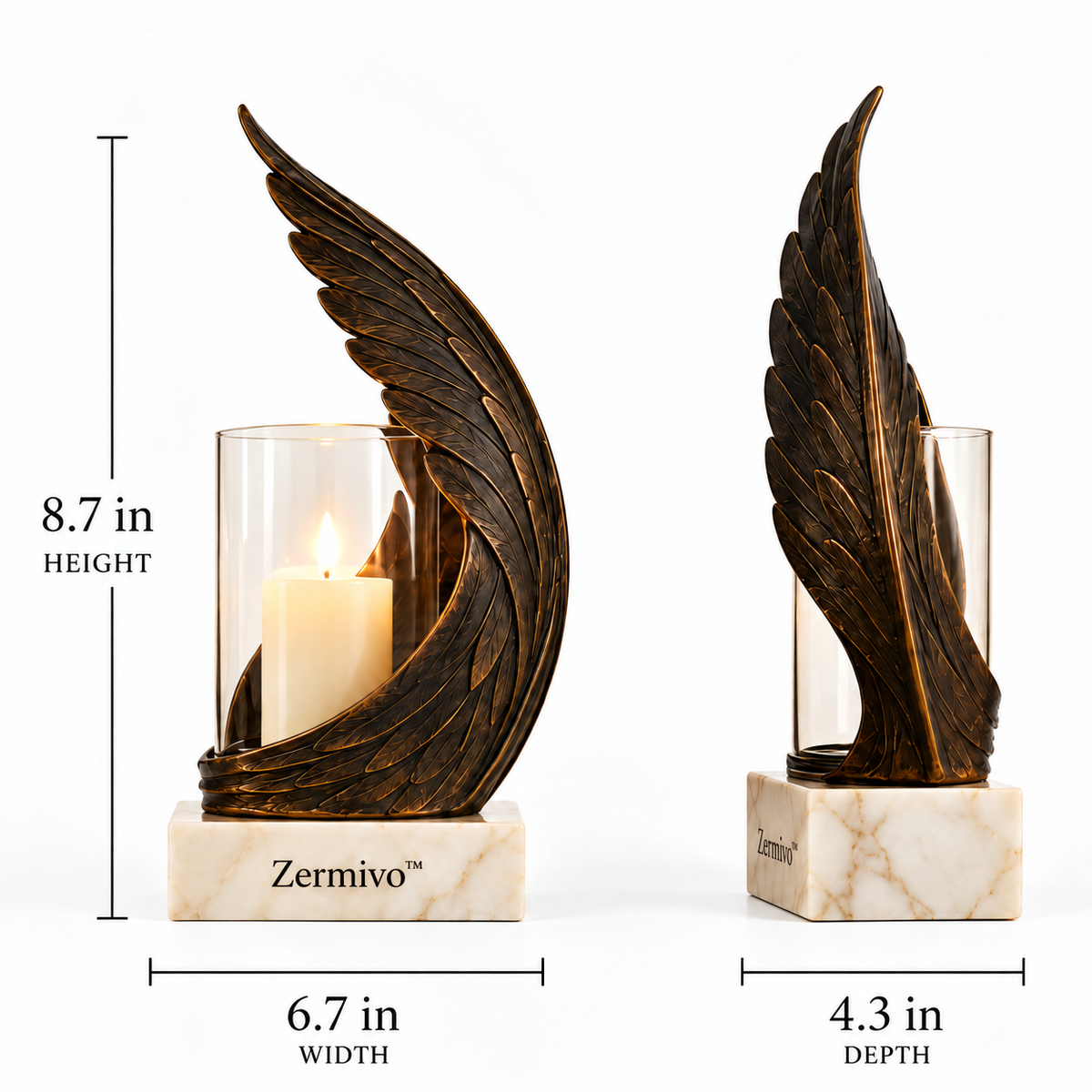 Zermivo™ Nocturne Wing – Sculptural Wing Candle Holder with Glass Enclosure and Ivory Marble Base