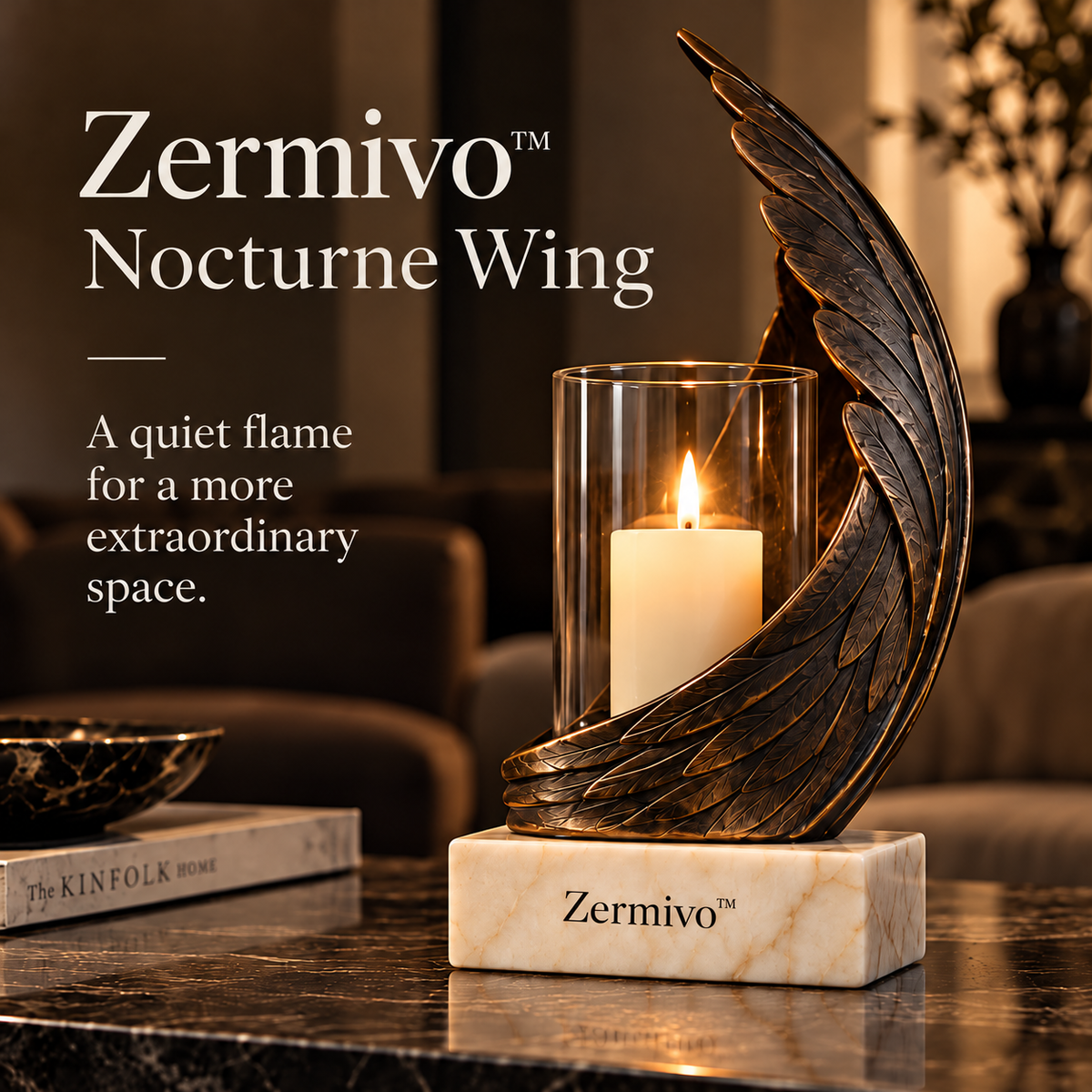 Zermivo™ Nocturne Wing – Sculptural Wing Candle Holder with Glass Enclosure and Ivory Marble Base