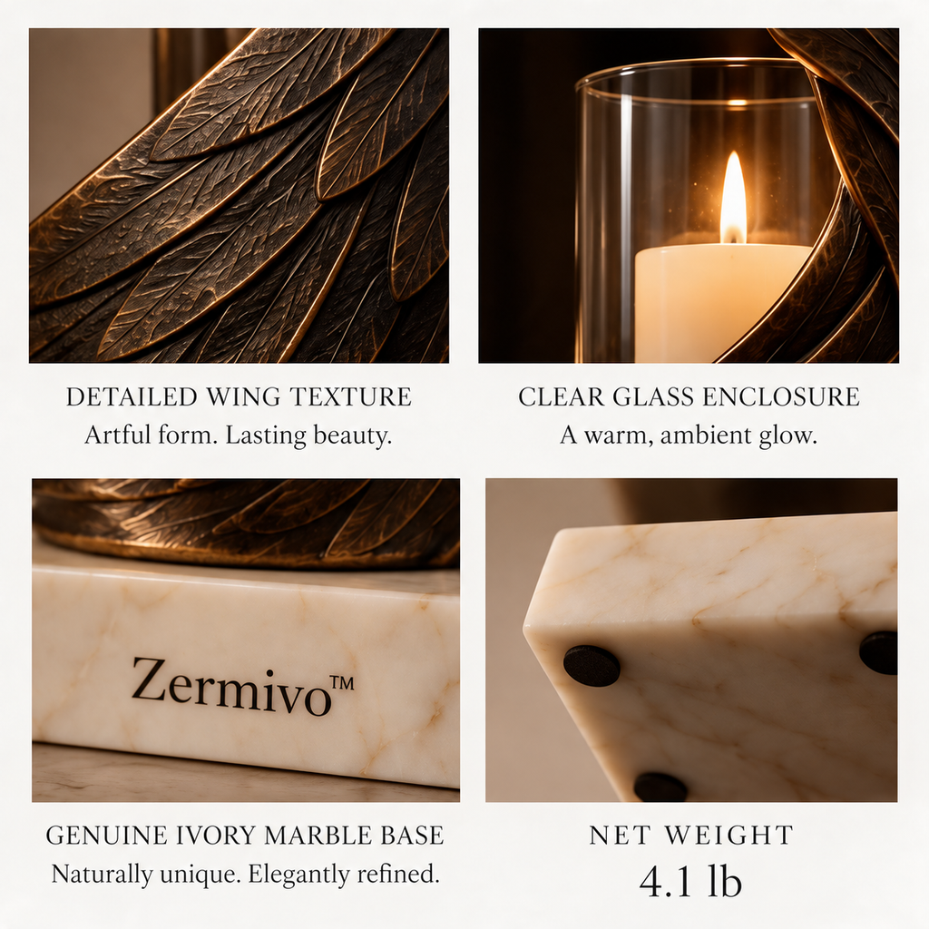 Zermivo™ Nocturne Wing – Sculptural Wing Candle Holder with Glass Enclosure and Ivory Marble Base