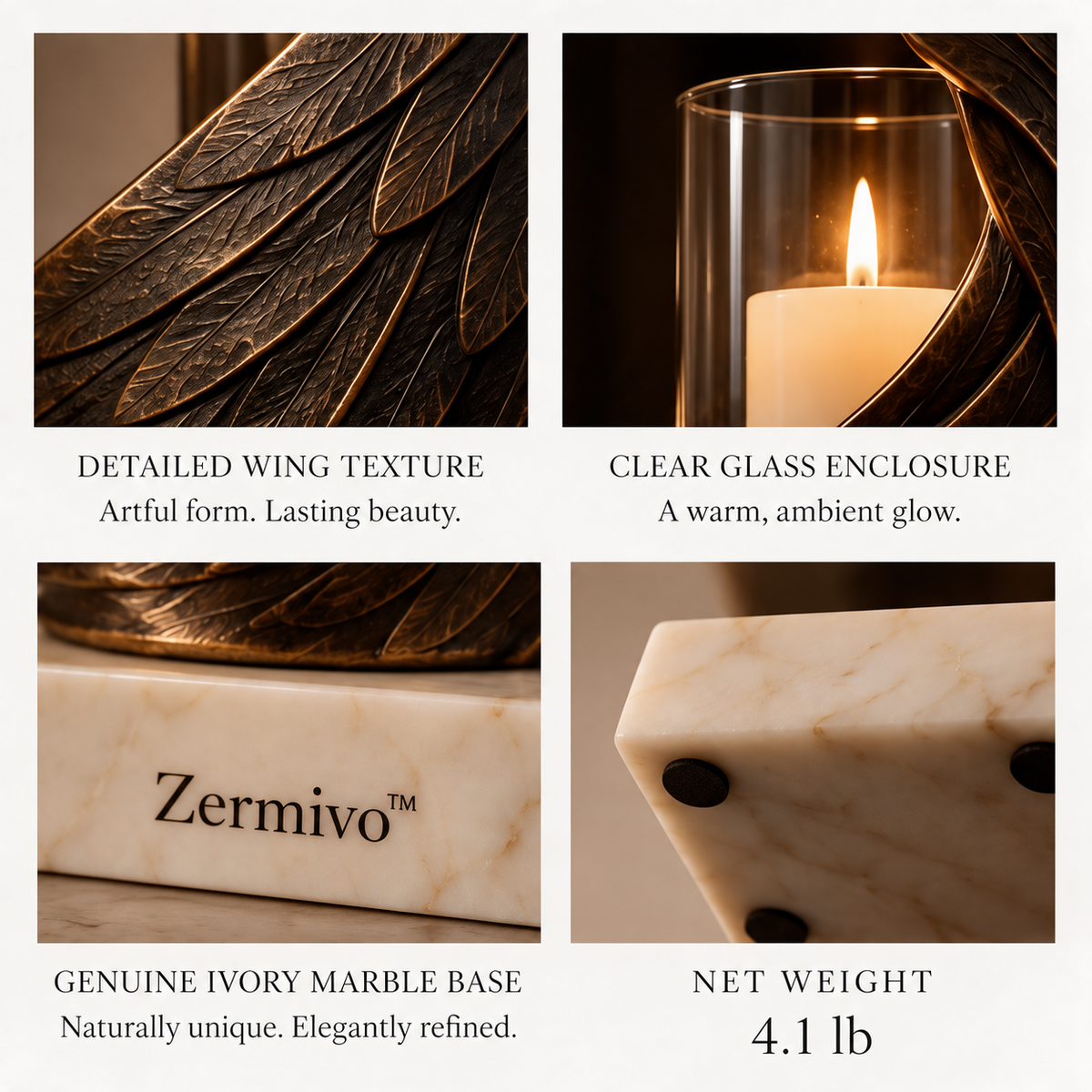 Zermivo™ Nocturne Wing – Sculptural Wing Candle Holder with Glass Enclosure and Ivory Marble Base