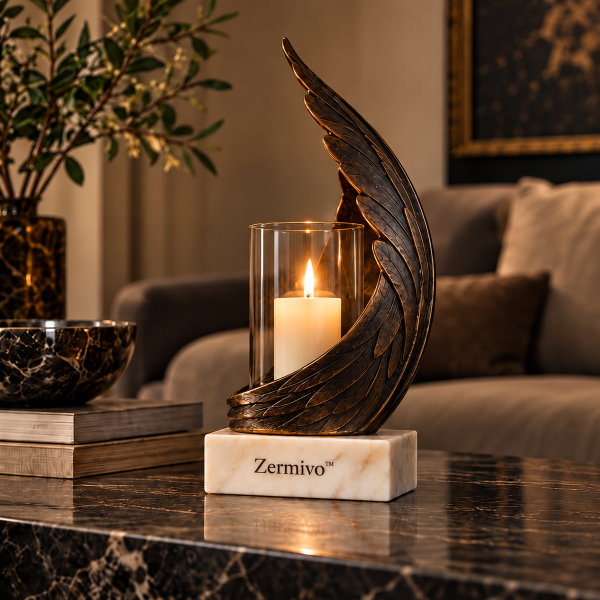 Zermivo™ Nocturne Wing – Sculptural Wing Candle Holder with Glass Enclosure and Ivory Marble Base