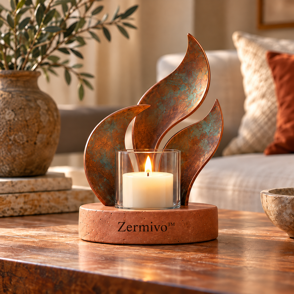 Zermivo™ Copper Tides – Patinated Copper Fin Candle Holder with Glass Candle Cup and Terracotta Stone Base