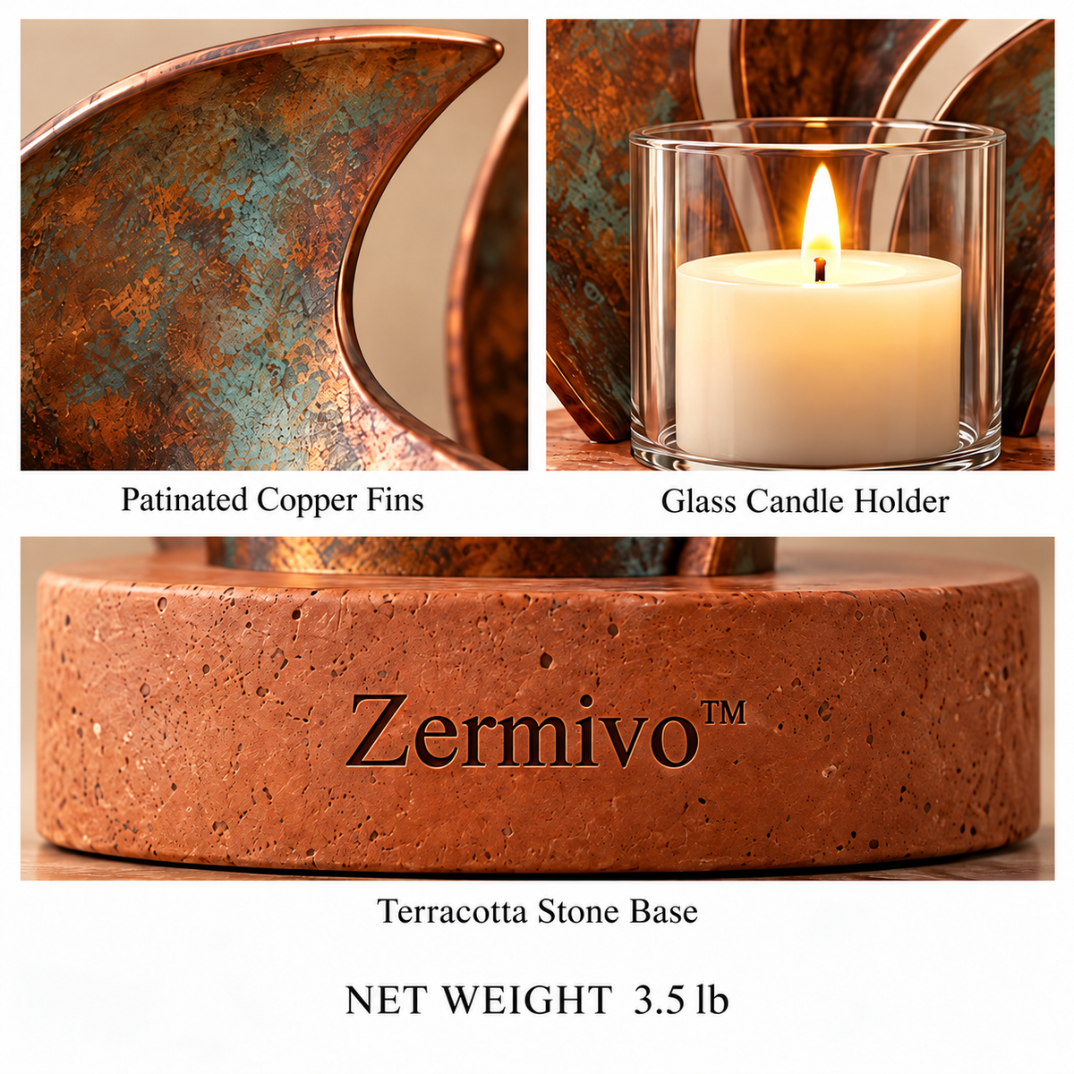 Zermivo™ Copper Tides – Patinated Copper Fin Candle Holder with Glass Candle Cup and Terracotta Stone Base