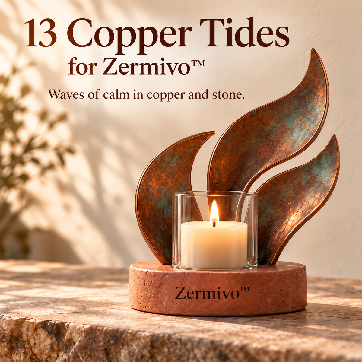 Zermivo™ Copper Tides – Patinated Copper Fin Candle Holder with Glass Candle Cup and Terracotta Stone Base
