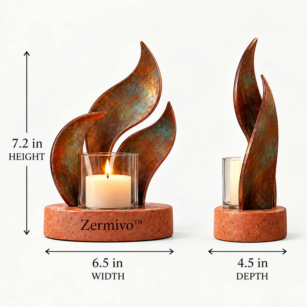 Zermivo™ Copper Tides – Patinated Copper Fin Candle Holder with Glass Candle Cup and Terracotta Stone Base