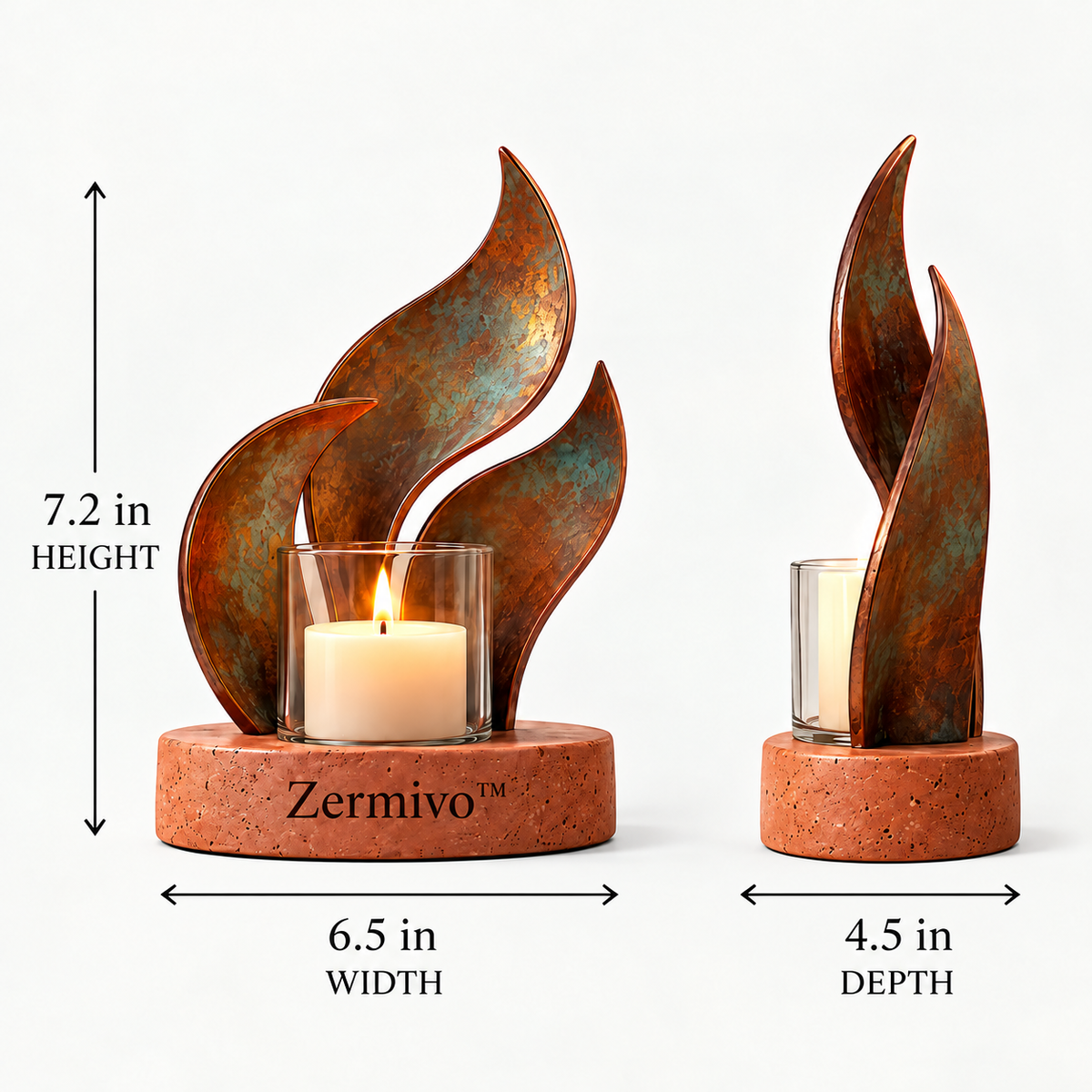 Zermivo™ Copper Tides – Patinated Copper Fin Candle Holder with Glass Candle Cup and Terracotta Stone Base