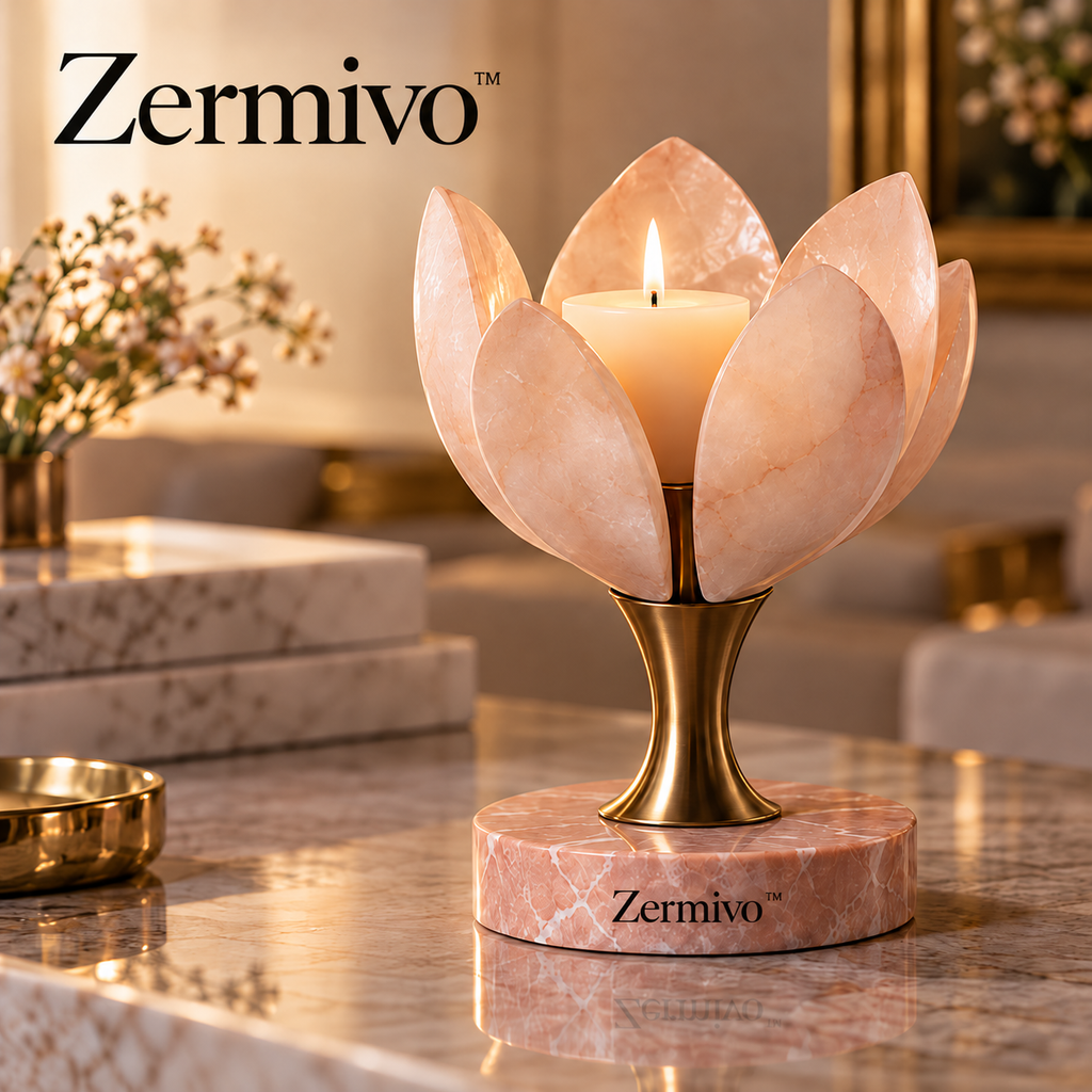 Zermivo™ Rose Marble Bloom – Alabaster Petal Candle Holder with Brushed Bronze Stem