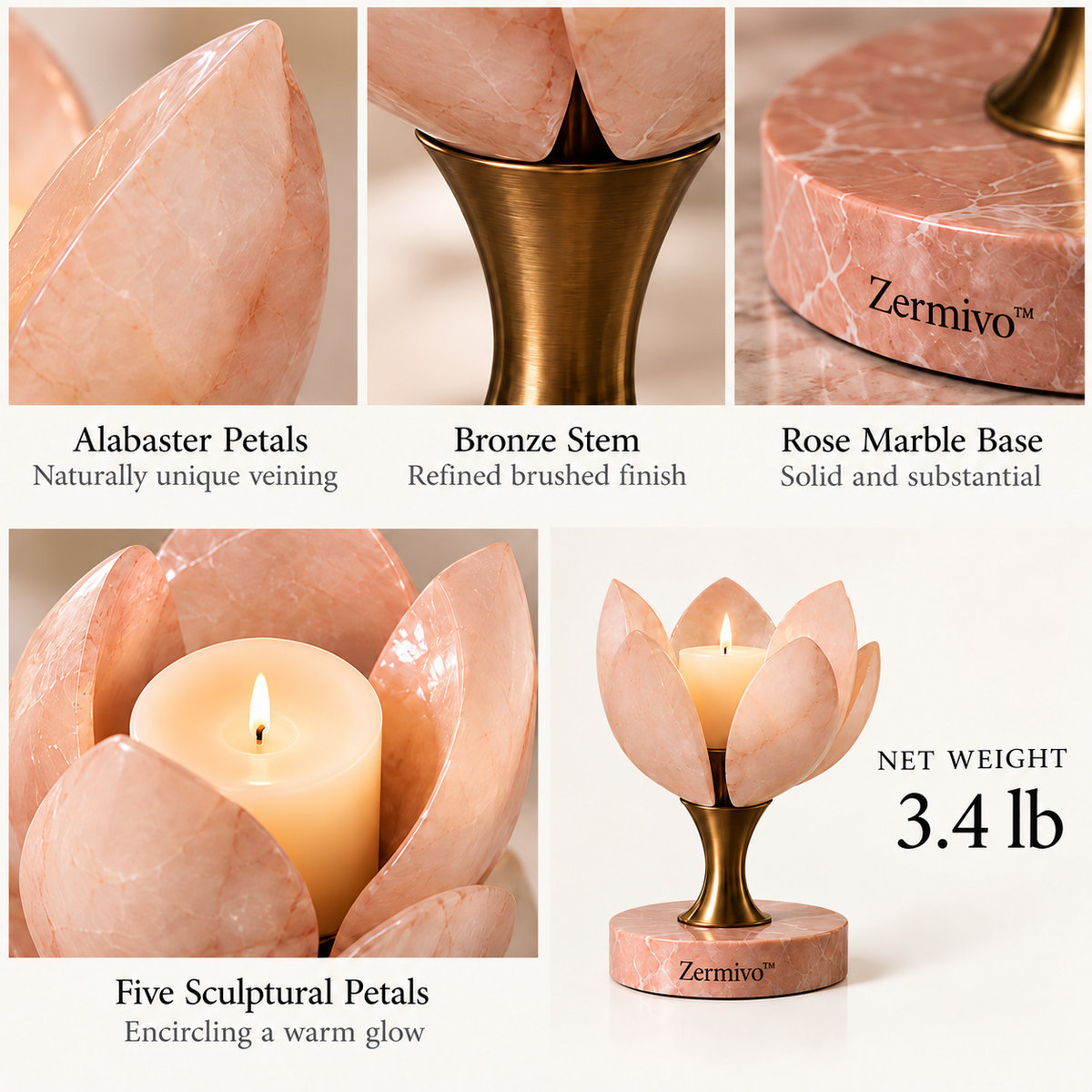 Zermivo™ Rose Marble Bloom – Alabaster Petal Candle Holder with Brushed Bronze Stem